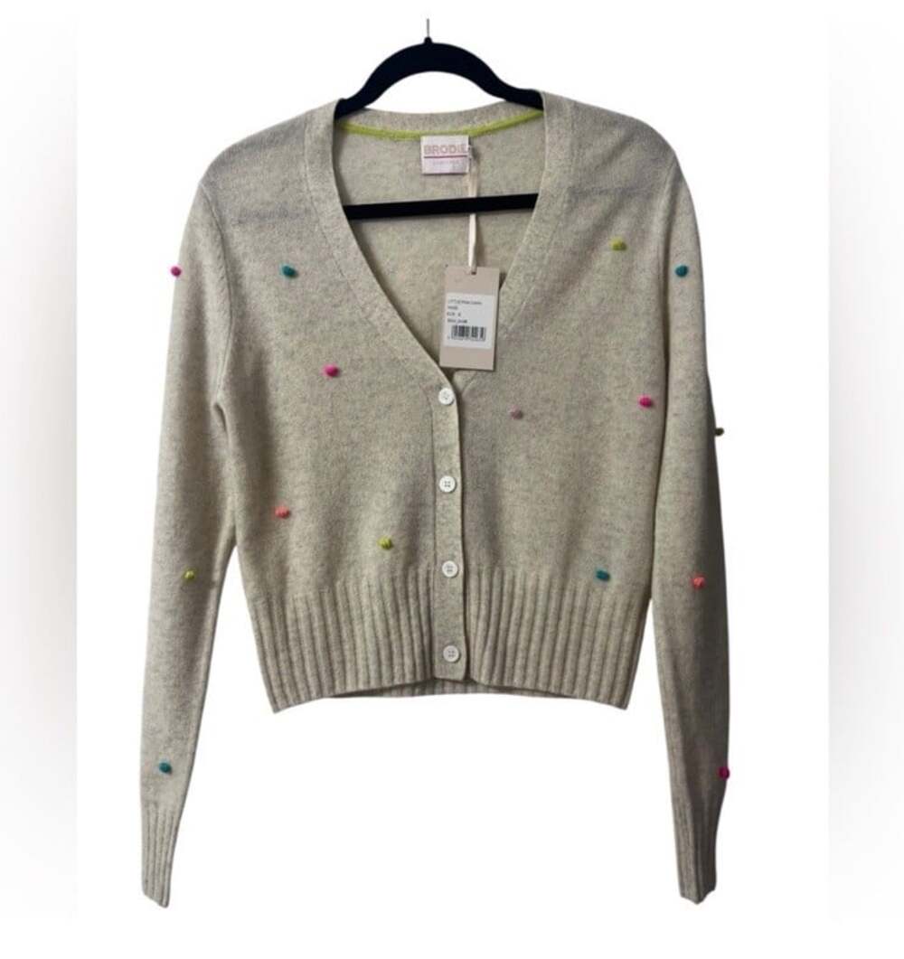 Brodie 100% Pure Cashmere Pom Pom Quirky Cozy Chic Whimsical Luxury Cardigan- S